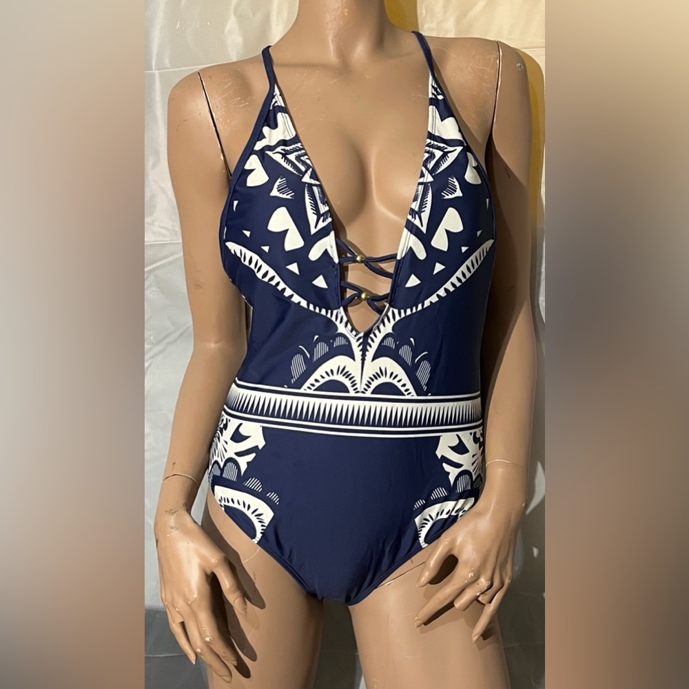 La Moda Navy and White Patterned Swimsuit One Piece Size L (Like New)